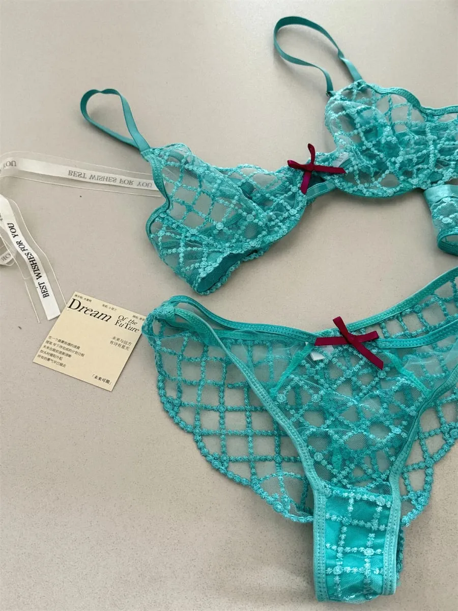 인어 블루 3피스 란제리 세트 얇은 큰 유방 속옷 섹시한 레이스 브라 통기성 로맨틱 브라 속옷 정장