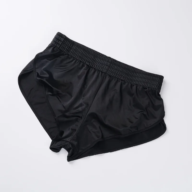 Men Satin Glossy Arrow Pants Split Side Boxer Shorts Sexy Underwear Loungewear Inner Jockstrap Mesh Pouch Sleep Bottoms