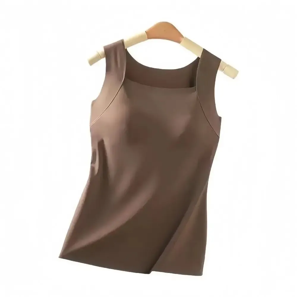 Built-in Bra Seamless Camisole Fixed Cup Solid Color Thermal Vest Stretchy U Neck Bottoming Underwear Multi-layer Wear