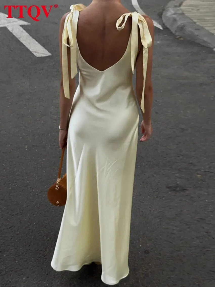 Sexy Loose Yellow Satin Women's Dress 2026 Summer V-Neck Sleeveless Maxi Dresses Elegant Classic Lace-Up Female Dress