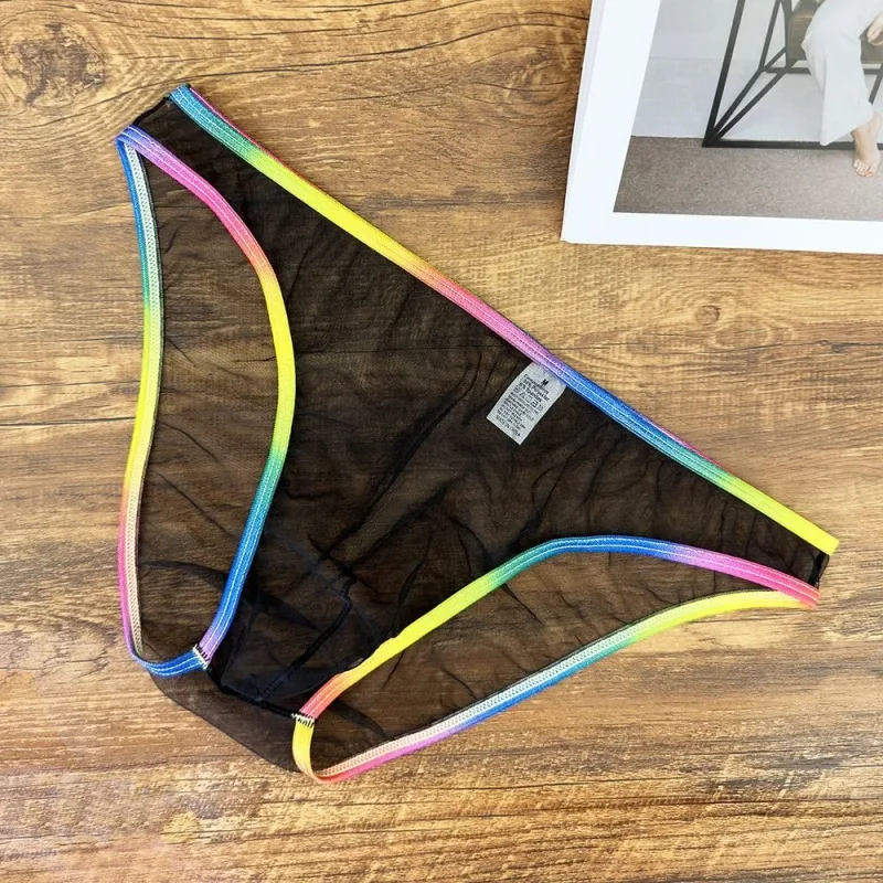 Cuecas masculinas coloridas de cintura baixa u convexa, cuecas de gaze sexy ultrafinas de malha pura transparente