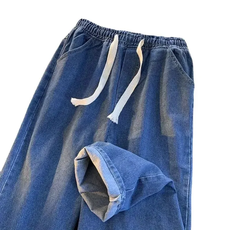 Elastic Waist Jeans Men's High Sense Straight Loose American High Street Retro