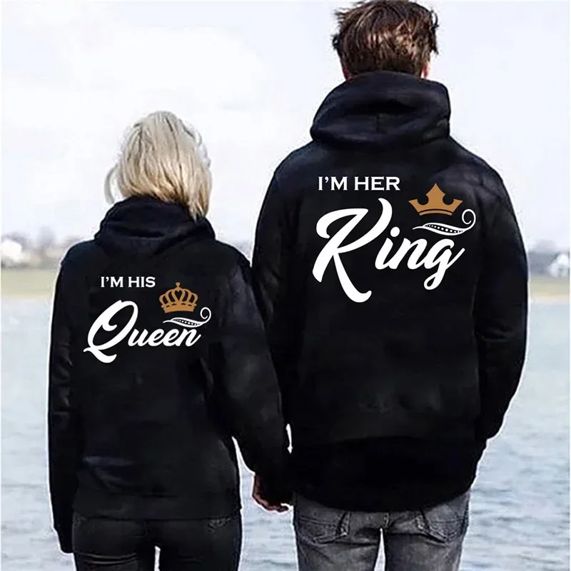 Stampa Felpe con cappuccio Her King o His Queen Lover Harajuku Fashion Casual Donna Uomo Abbigliamento Amanti Felpa con cappuccio Coppia