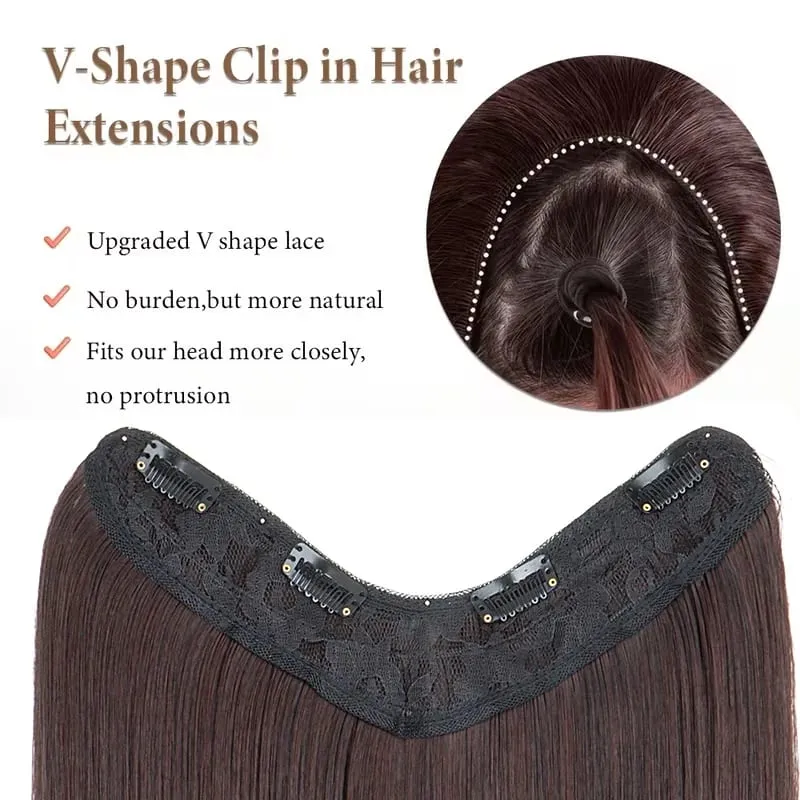24Inch Synthetic 4-Clip V-Shaped Long Straight Hair Extension One Piece Heat-Resistant Fiber Hairpiece for Women Daily Use