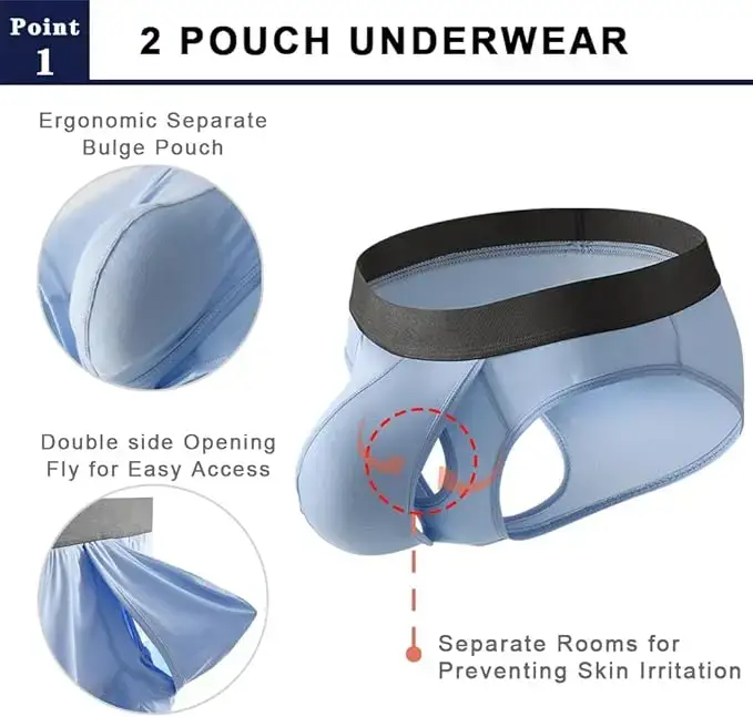 Men's Bamboo Fiber Boxer Shorts Fly Pouch Front Open Breathable Bulge Underwear Separated Pouch Trunks Dual Pouch Underpant