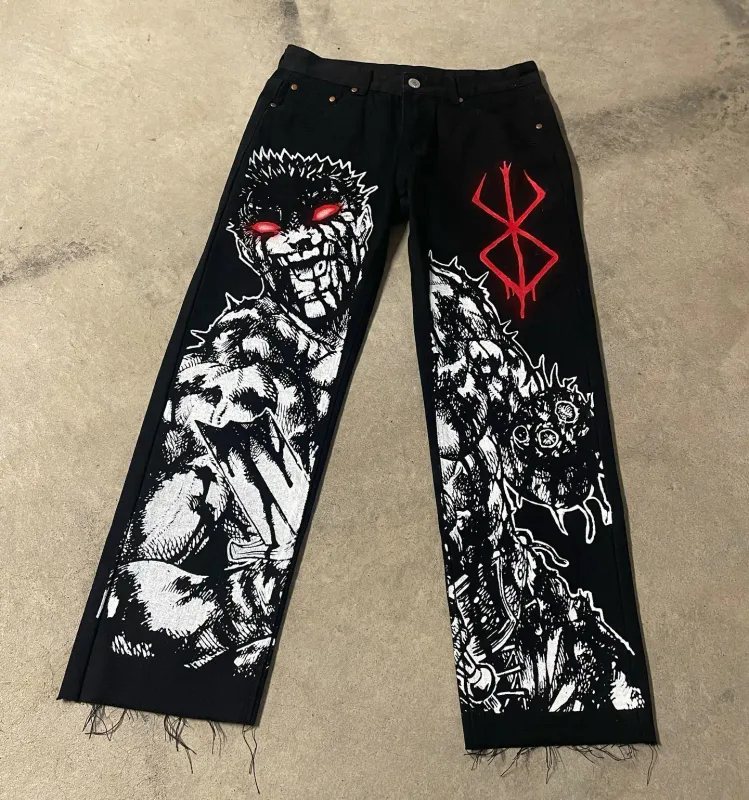 Streetwear Jeans Y2K Japonský Harajuku Hip Hop Grafický potisk Baggy Jeans Černé kalhoty Pánské gotické kalhoty s širokým pasem a širokým pasem