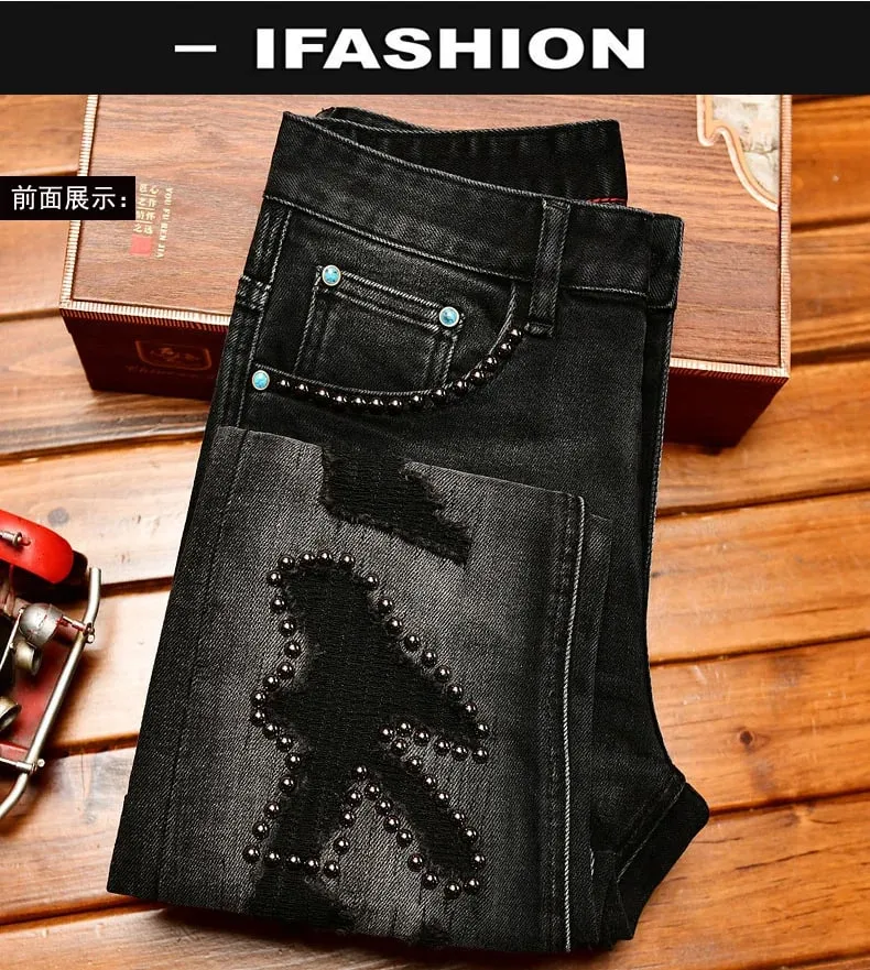 Jeans noirs pour hommes, Design de décoration en métal, tendance, déchiré, mode rétro nostalgique, pantalon Slim Fit