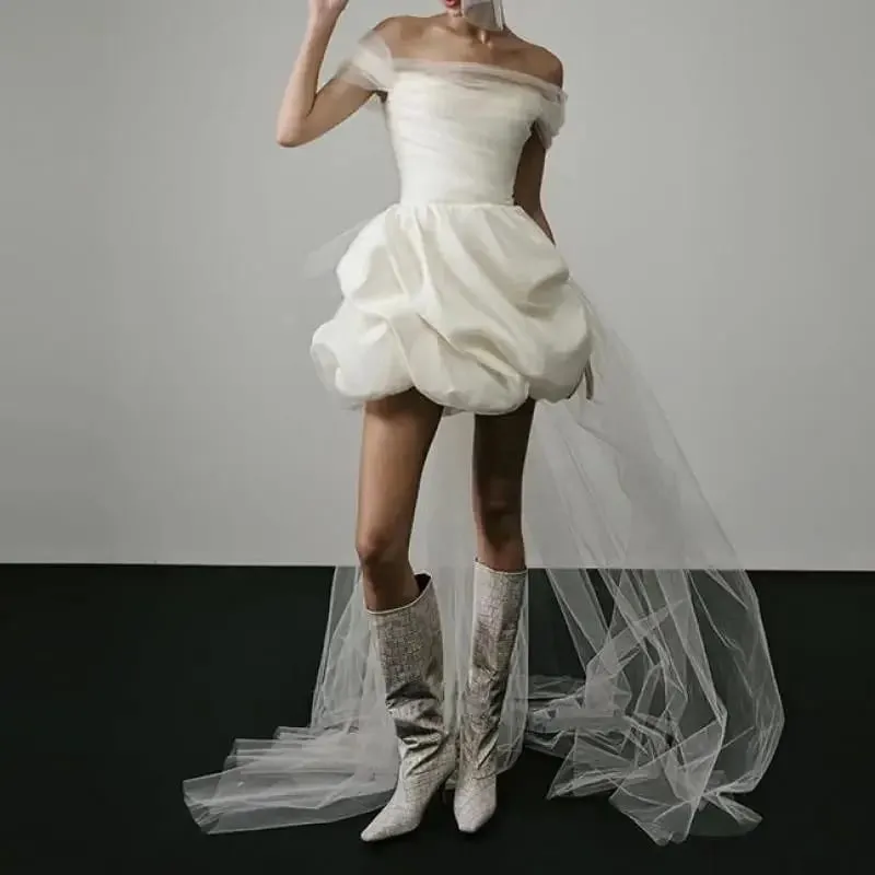 New Elegant Lightweight Wedding Dresses for Women White Sexy Bridal Mini Dress with Mesh Trailing Bridal Luxury Party Vestidos