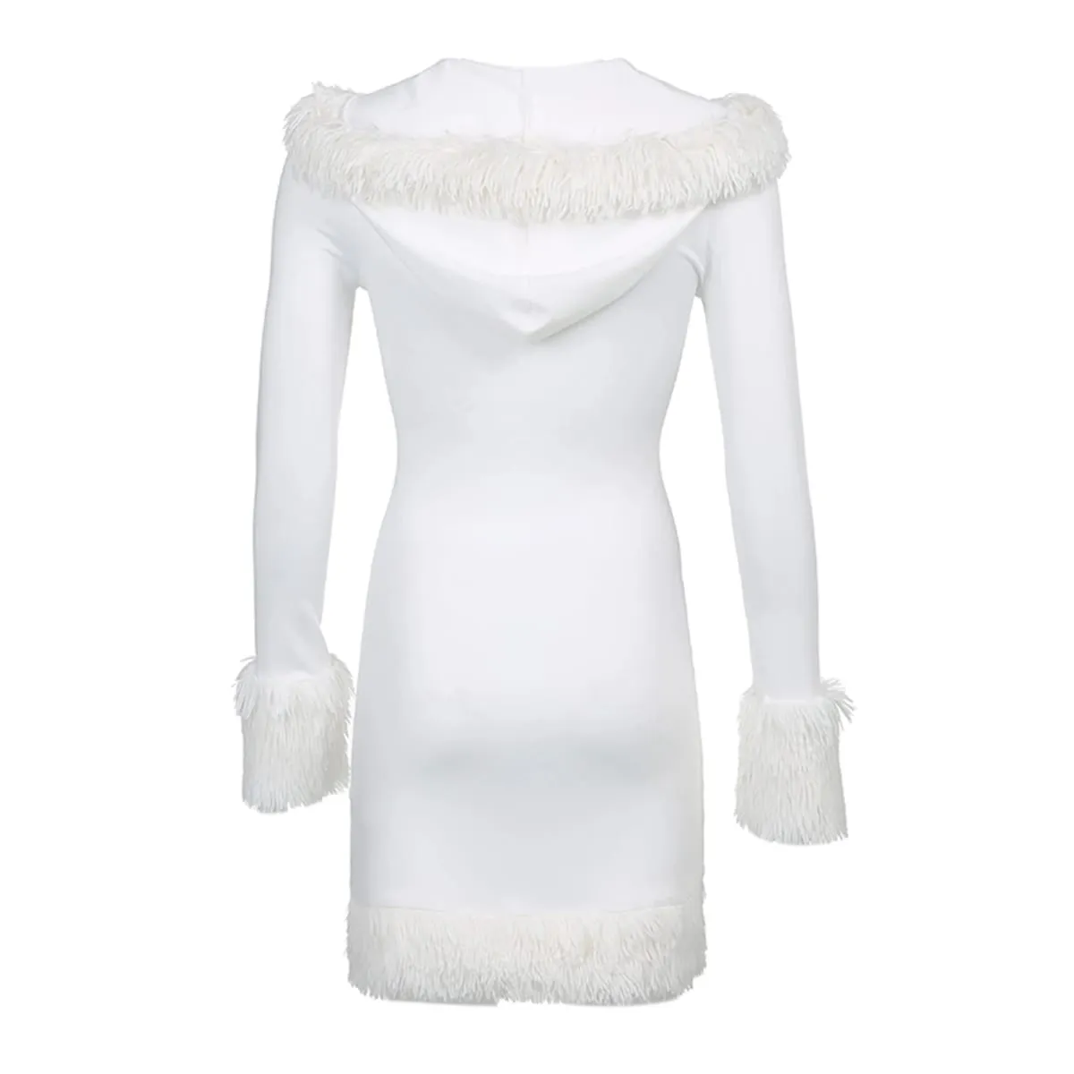 Women's Autumn Plush Trim Short Dress Long Sleeve V Neck Bandage Hooded Sweatshirt Dress Gothic Punk Clubwear