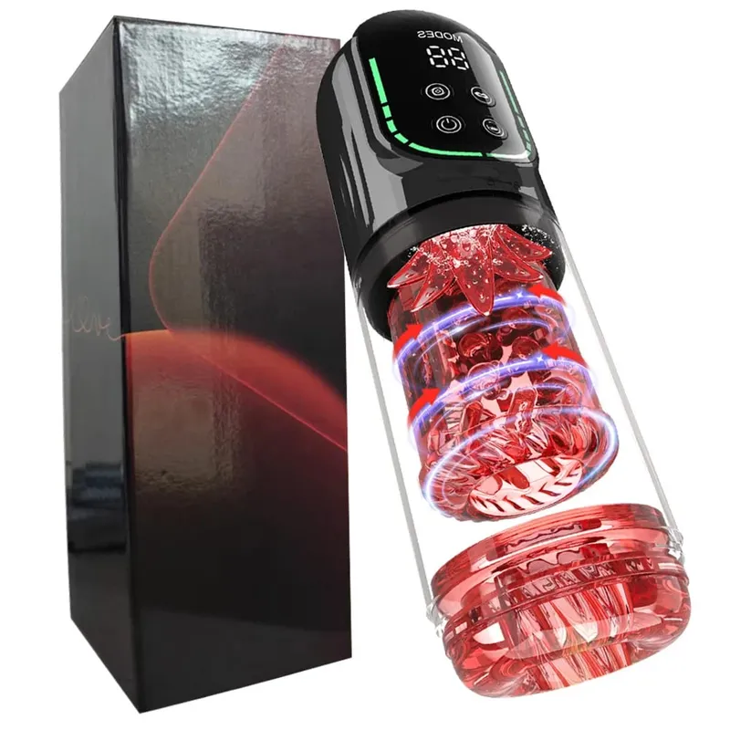 Automatisk manlig onanistficka Cat 7 push Roterande vibration Suck Lick Strykande vakuumpump och LCD-skärm Penispump Vuxenleksak