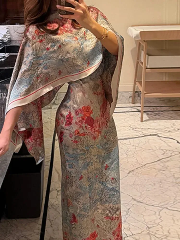 Vrouwen Tropische Bladprint Cape Tweedelige Set Batwing Losse Top Hoge Taille Maxi Jurk 2026 Zomer Mode Vakantie Casual Pak