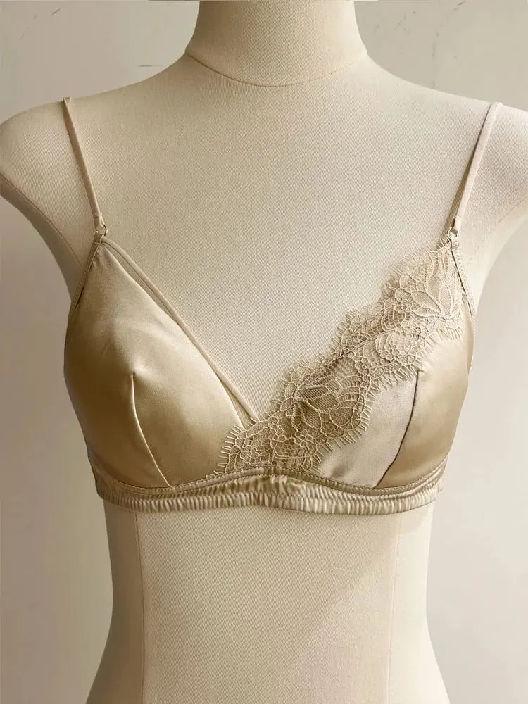 French Style Lace Bra Bralette Small Breasts No Underwire Triangle Cup Thin Strap Sexy Push Up Lingerie Set Women's Underwear