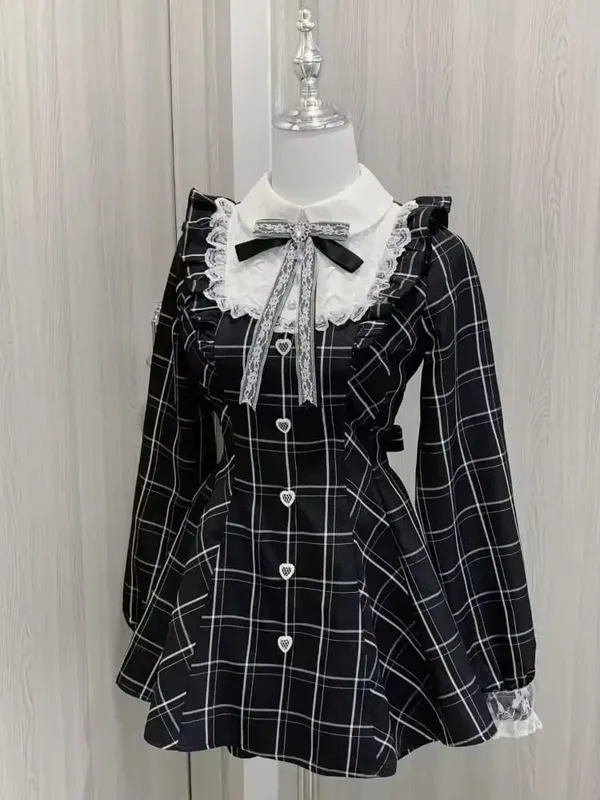 יפנית E-girl שמלת וינטג' גותית נשים חצי צוואר גבוה שרוול קצר קשת תחרה שמלת מיני שמלת מותניים מתוקה פיקנטית שחורה