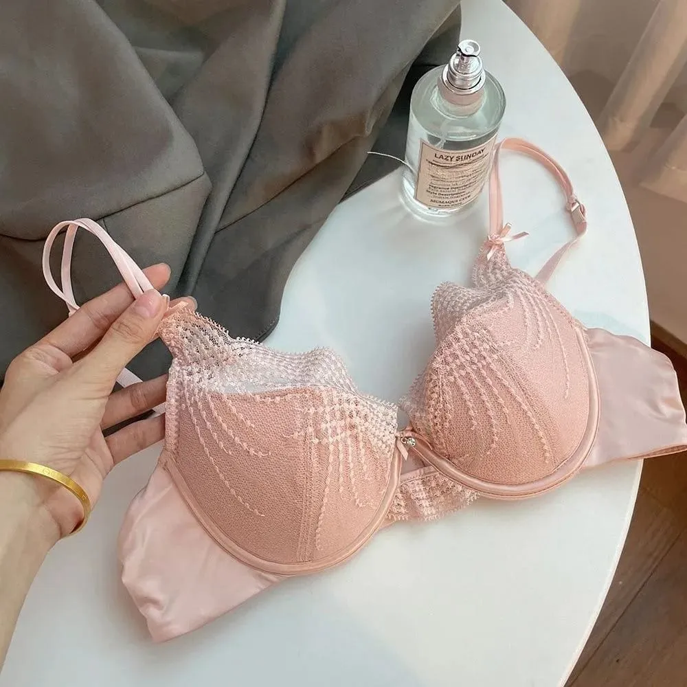 Ladies 2 Pieces Lace Underwear Suit Pure Desire Deep V Low Neck Thin Strap Soft Underwire Push Up Bra Briefs Sexy Lingerie 32‑38