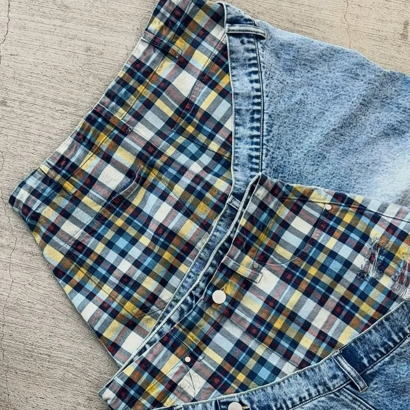 Y2k Harajuku Baggy Jeans Retro Plaid Patchwork Men And Women Wide Leg Pants American Hip Hop Streetwear Casual Jeans