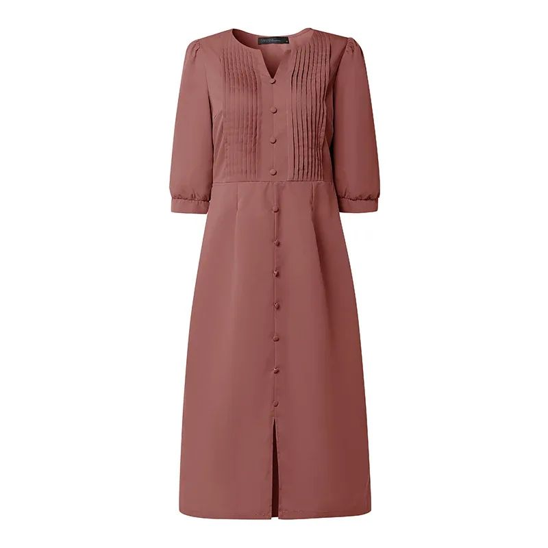 2026 ZANZEA Stylish Split Hem Dress Women Summer Sundress V Neck Half Sleeve Holiday Midi Robe Casual Solid Color Work Dresses