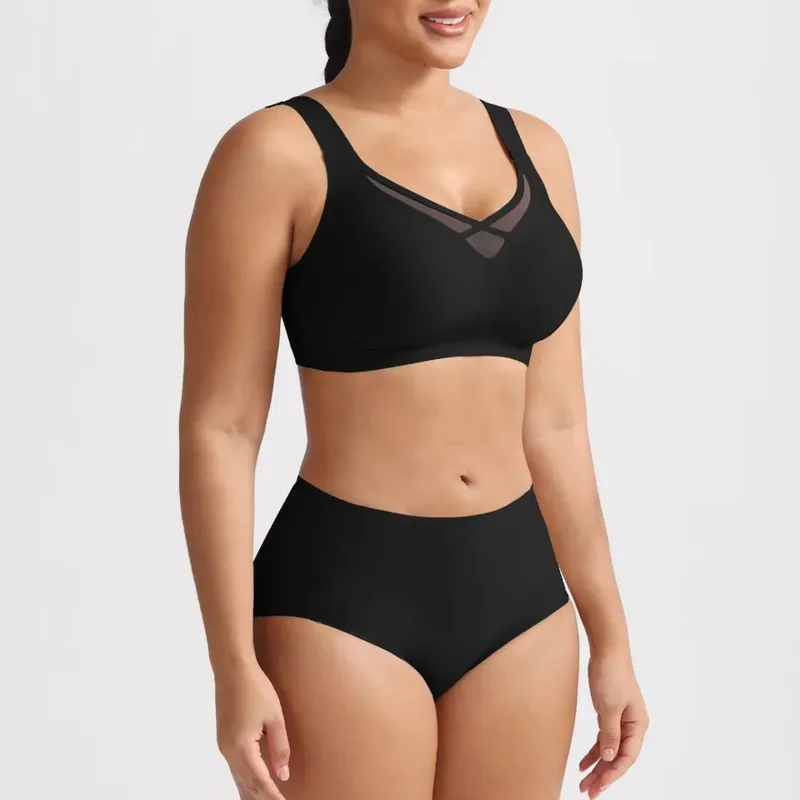 Plus Size Lingerie Set Sexy Mesh Seamless Wireless Plunge Bra Set - Soft Support Push up Lingerie for Women