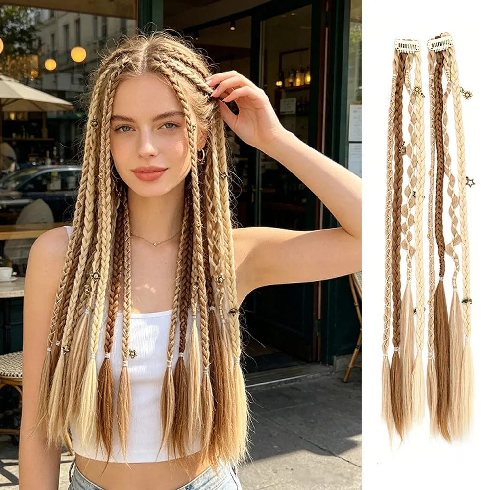 Bohemia Clip in Hair Extensions Fairy Hairpieces Synthetic Handmade Weaving Hair for Girls Party Halloween Christmas Festival