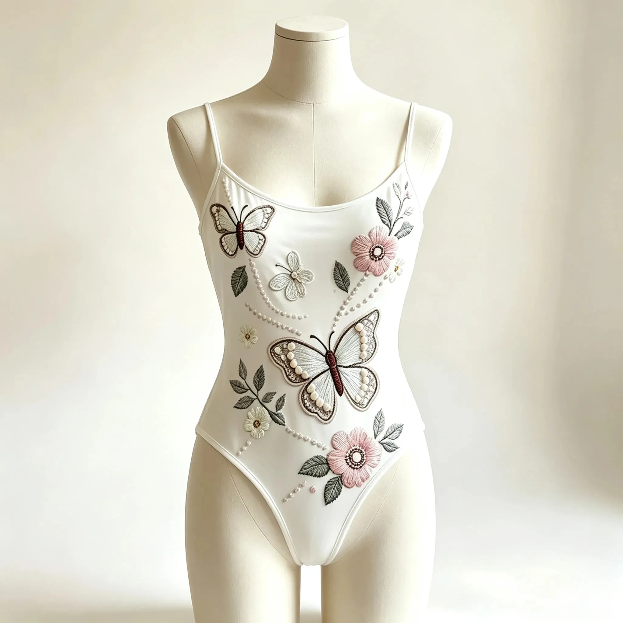 Elegant Butterfly Floral Embroidery Bodysuit Women Spaghetti Strap Slim High‑Cut One‑Piece Bodycon Jumpsuit