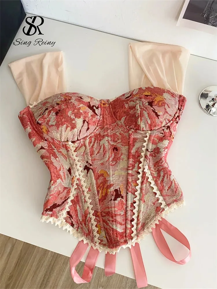 American Retro Print Evening Camisole Female Strap Lace Spliced Slim Top 2025 Streetwear Floral Vintage Beach Tank Top