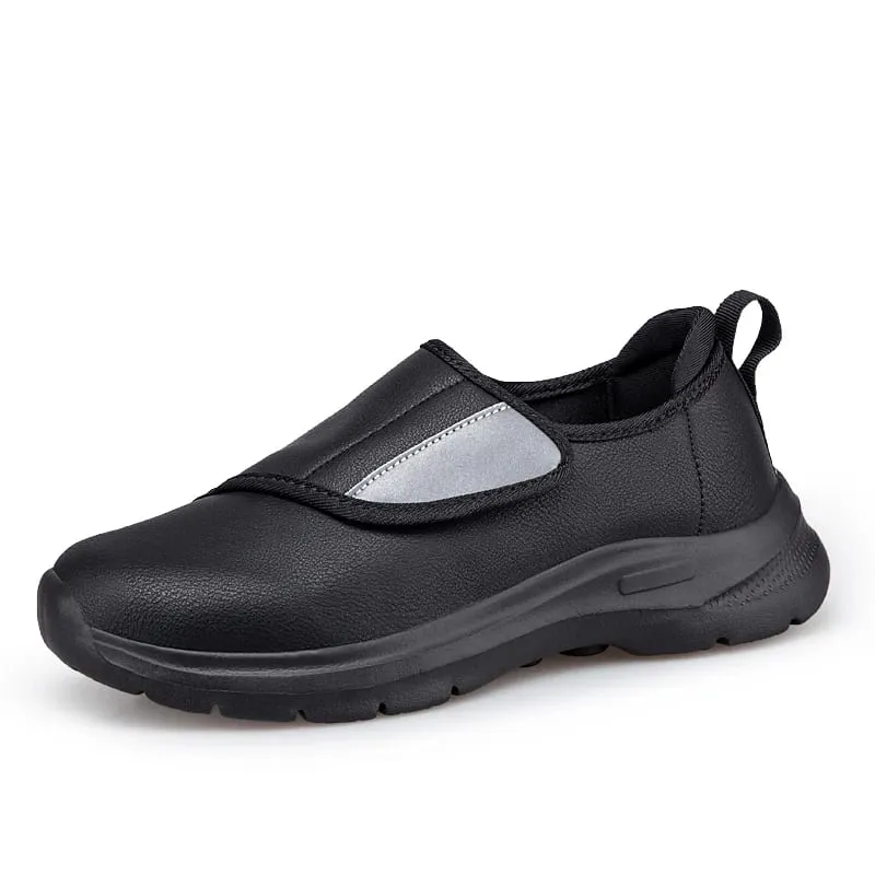 Tênis ortopédico masculino de couro para diabéticos, gancho ajustável e laço, sapatos abertos para pés inchados, sapatos confortáveis ​​para caminhada