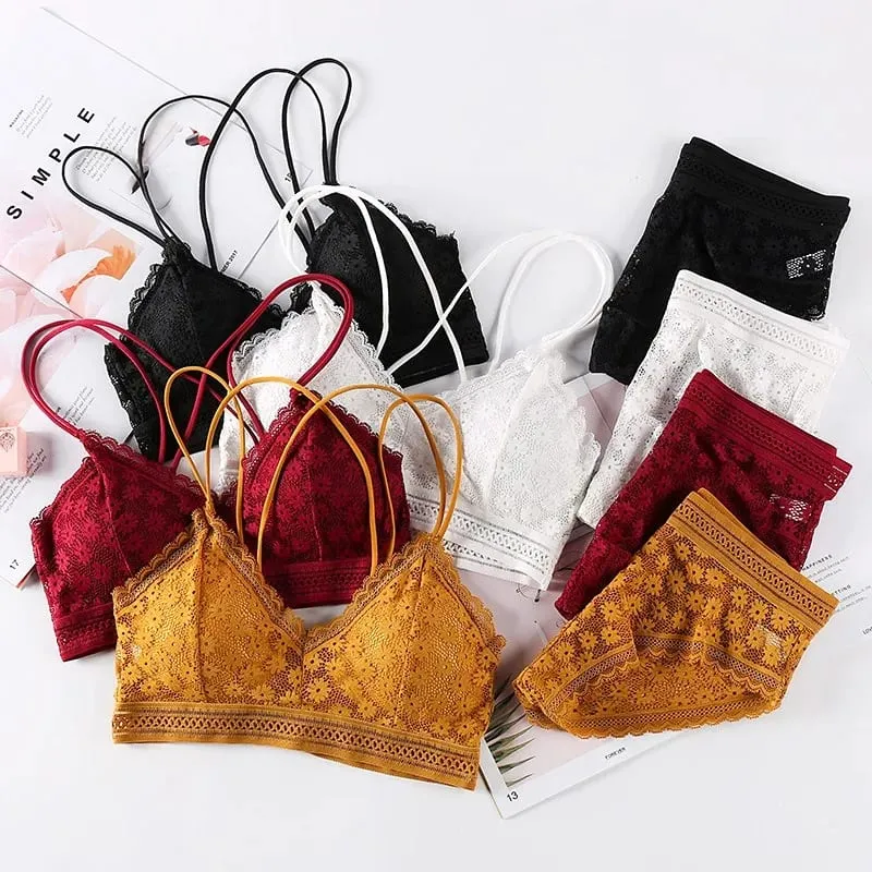 Women's Lace Lingerie Set Cross Shoulder Strap Without Steel Ring Bra Comfortable Support Underwear With Gathering Design