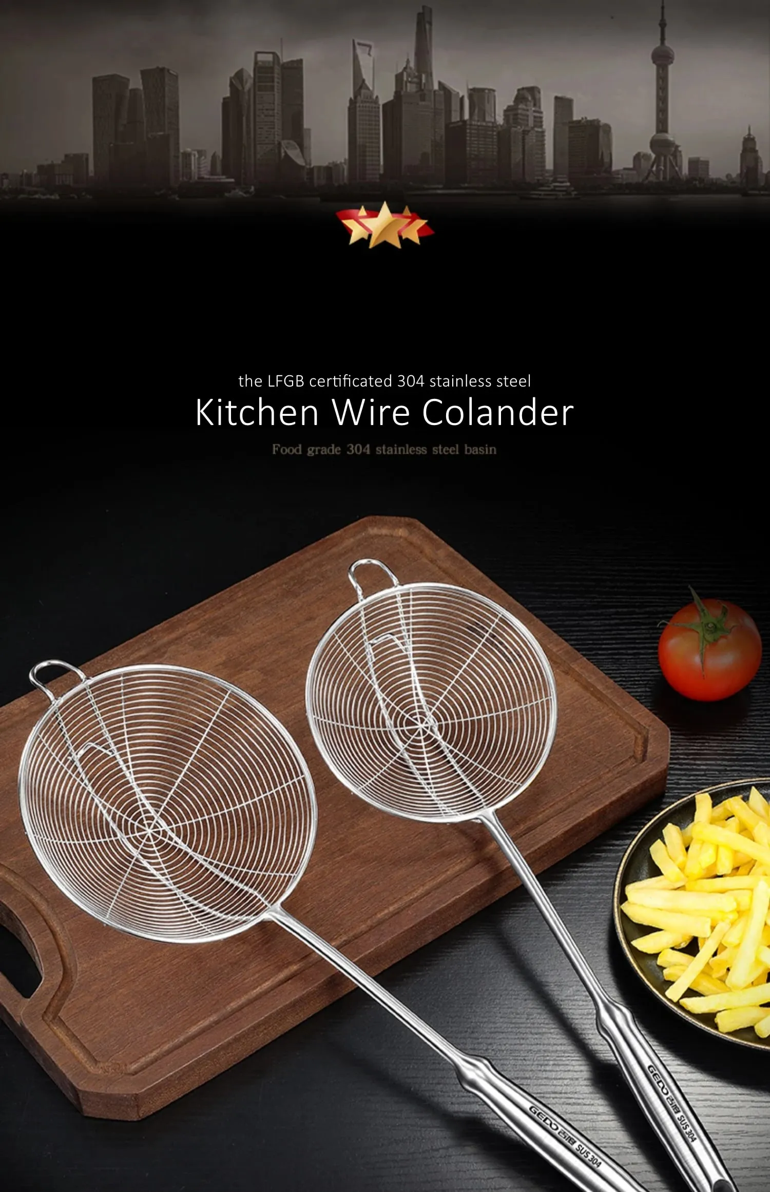 LFGB Certification 304 Stainless Steel Kitchen Cooking Colander Ultra Durable Wire Sieve 14~18cm Diameter Frying Scooping Tool
