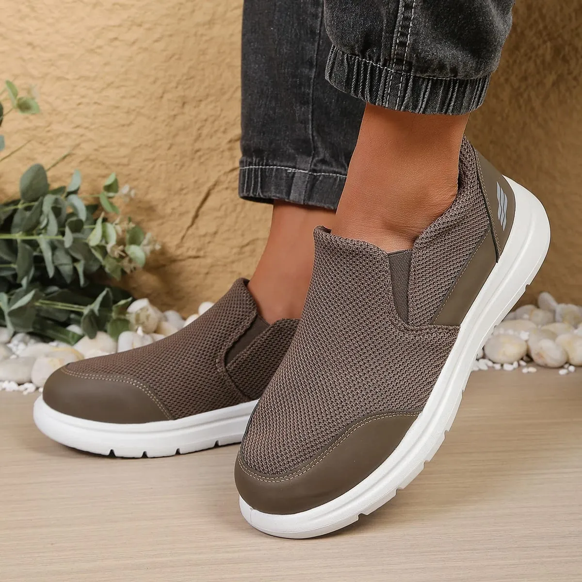 Men's slip-on hollow mesh walking loafers spliced smooth toe overlay dual elastic side gussets block segmented white outsole d