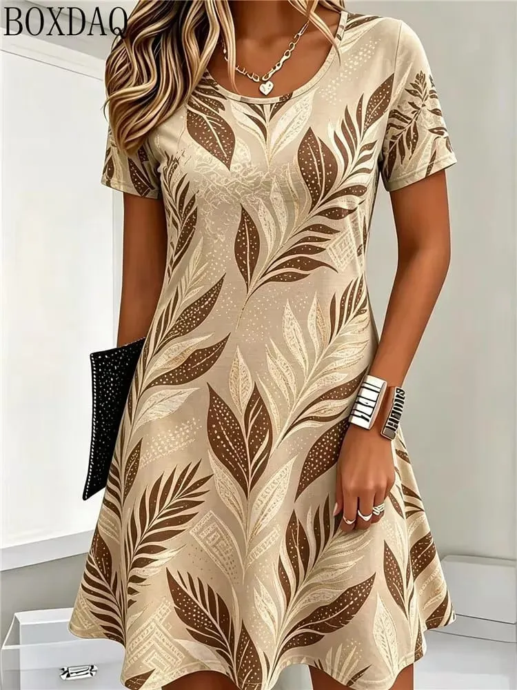 Casual Summer Women's Dresses Loose Short Sleeve Round Neck Leaf Pattern Printed Dress