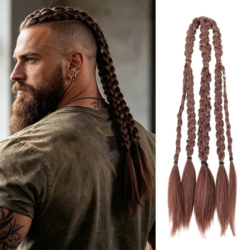 Men Viking Braids Hair Extensions Synthetic Clip In Braided Hair Pieces Cosplay Renaissance Festival Hair Accessories For Men