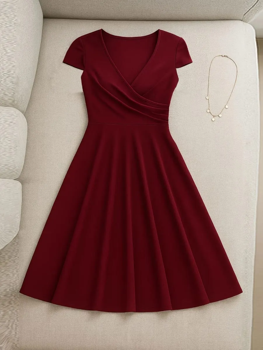 Abito da donna elegante girocollo estivo manica corta tinta unita linea A al ginocchio abito a vita alta spavaldo matrimonio festa partenza casual