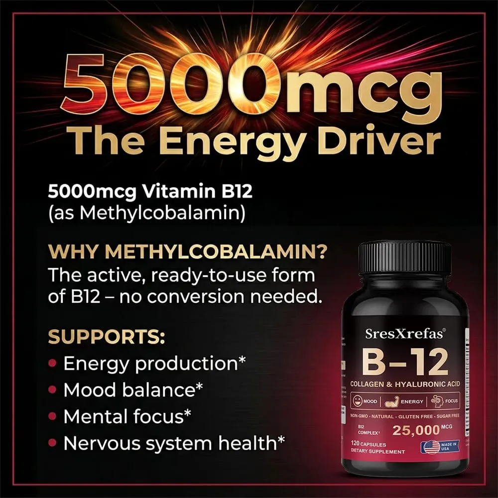 Vitamin B12 with Collagen Hyaluronic Acid - Supports Energy Focus Mood Nervous System & Immune Health Relieves Fatigue