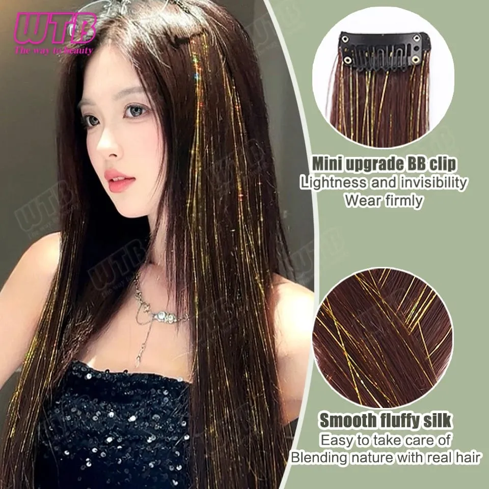 Synthetic Gold Laser Highlighted Hair Extension Wig BB Clip Style Straight Hair Extension Wig Suitable for Women's Daily Wear