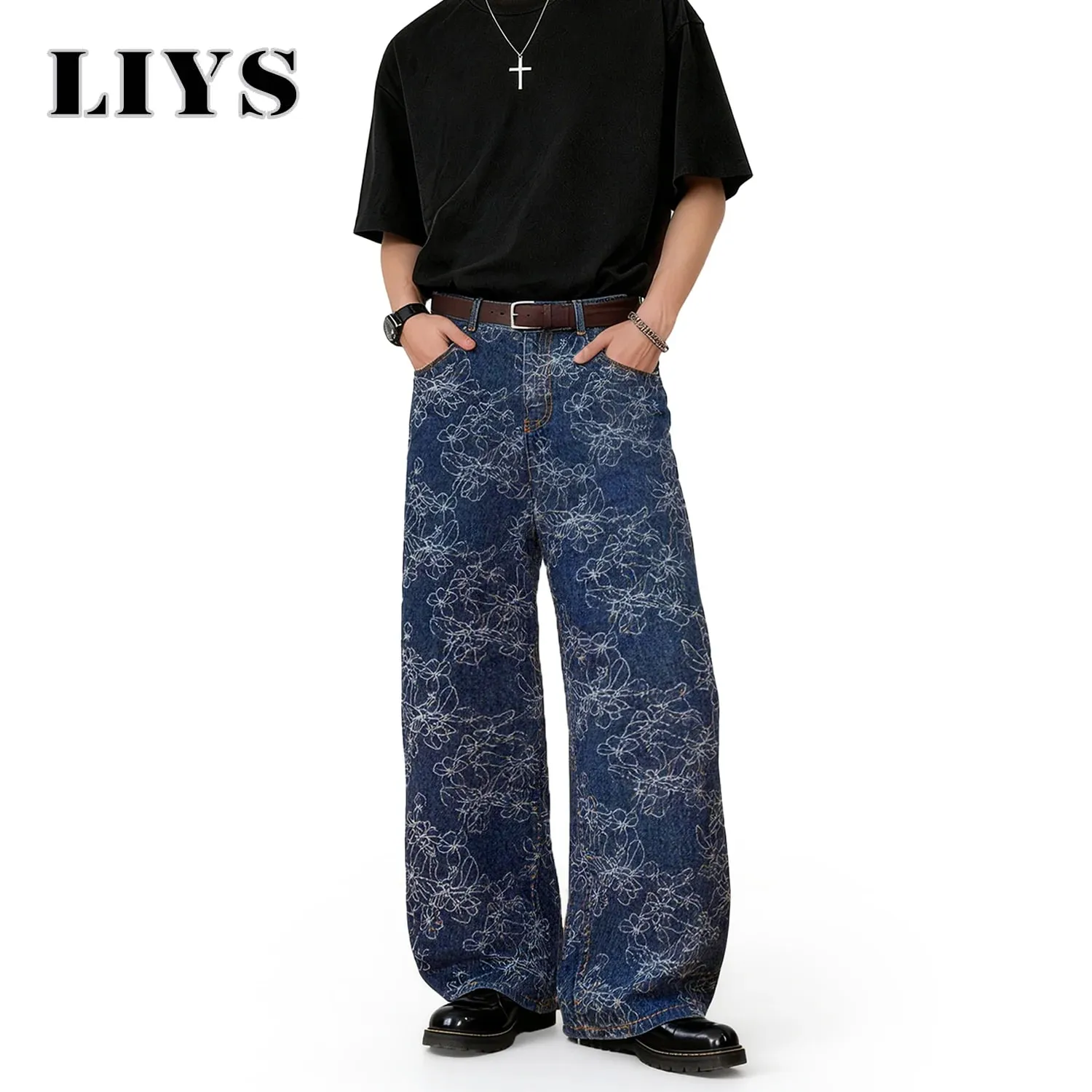 Japanese-Korean Style Floral Jacquard Baggy Wide-leg Jeans American Retro Floral Daily Casual Wide-leg Denim Pants Unisex