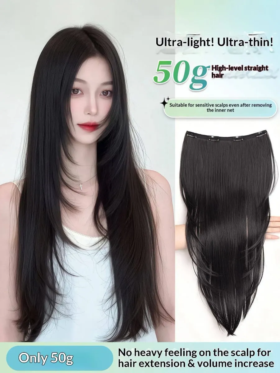 Synthetic Straight Hair Extension One Piece Layered Lightweight Invisible Seamless Clip-in Hairpiece 4 Clips for Women Daily