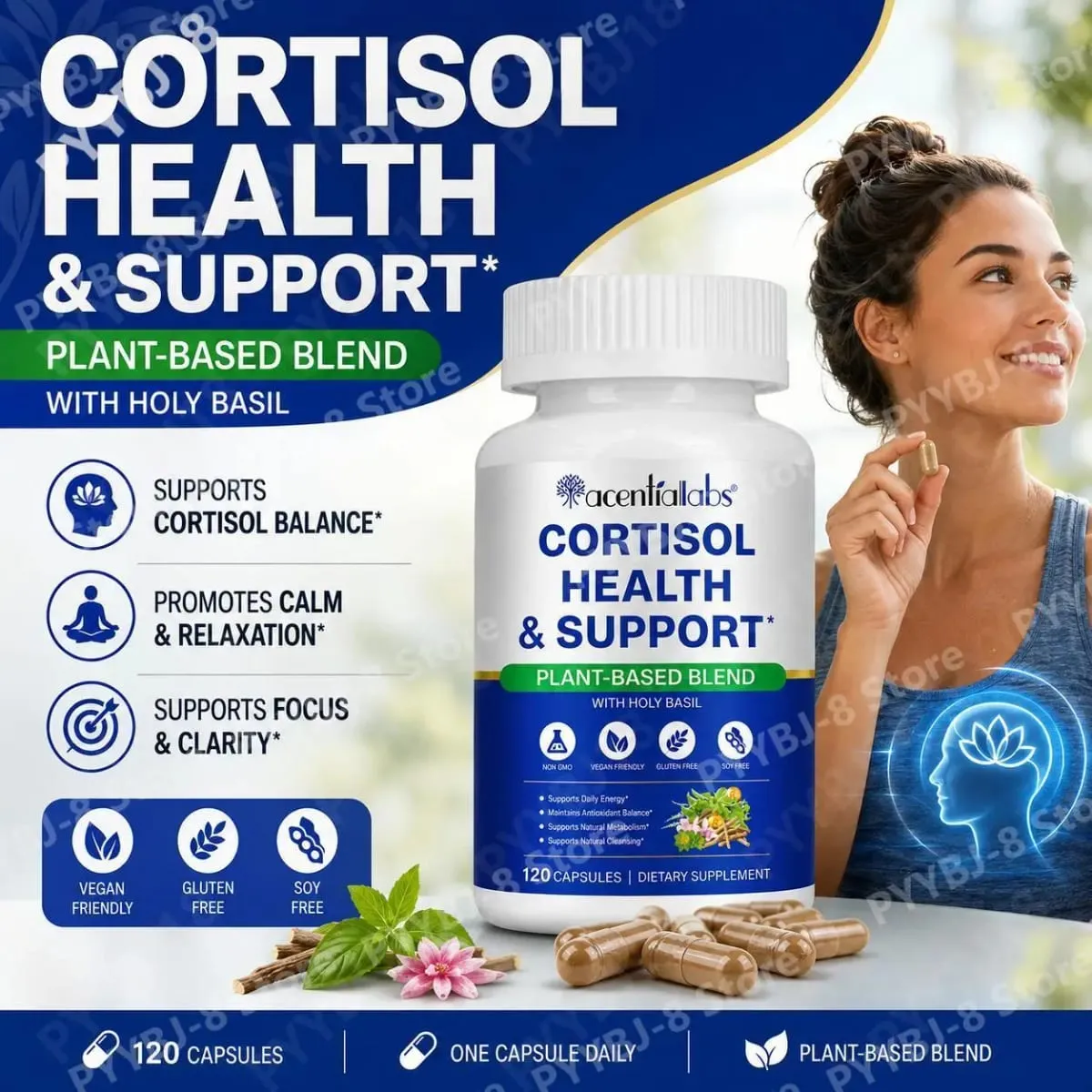 AcentiaLabs Cortisol Health & Support Capsules with Holy Basil Ashwagandha and Magnesium for Calm Stress Balance 120 Capsules