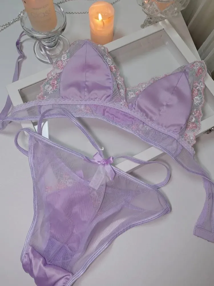 Gadis Perancis Bra Nipis Segitiga Cawan Ungu Sulaman Cahaya Sutera Mewah Set Seluar Dalam Renda Keinginan Tulen Seksi