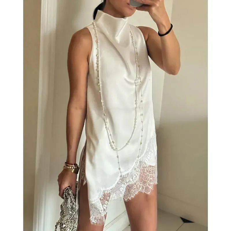 Women's Satin High Neck Lace Trim Sleeveless Tanks Summer Fashion Casual Irregular Silhouette Delicate Solid Color Tops