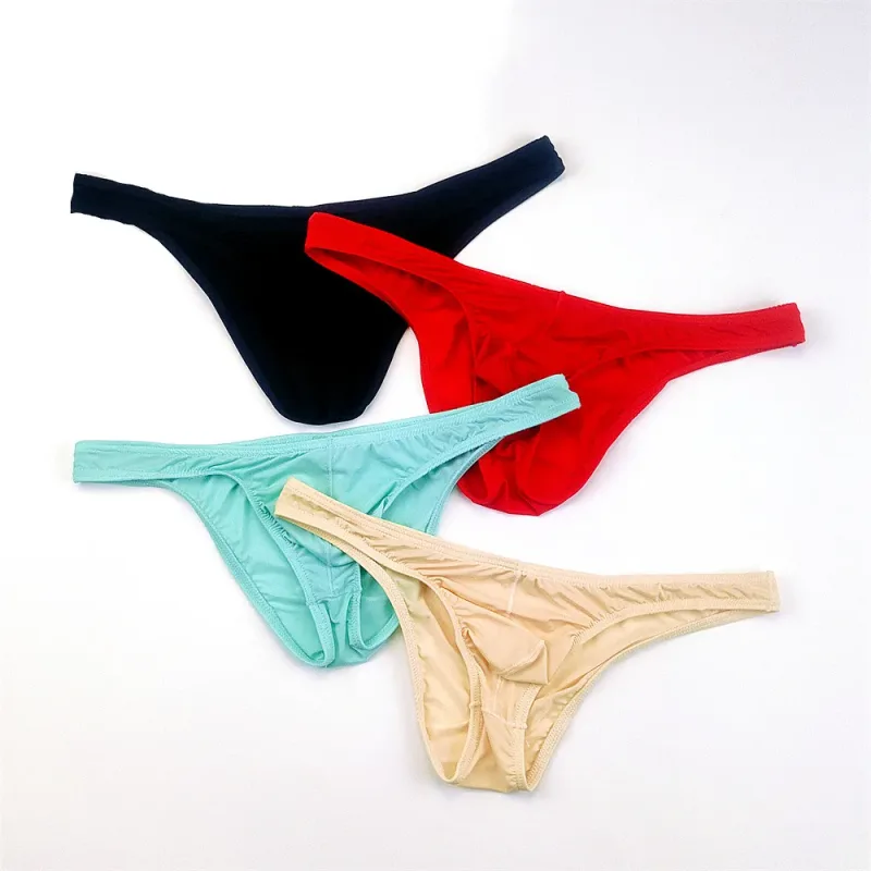 4PCS Men High Fork Briefs Mid Waist Elastic Ice Silk Brief Summer Underpants Ice Silk U Convex Pouch Male Underwear Silky Shorts