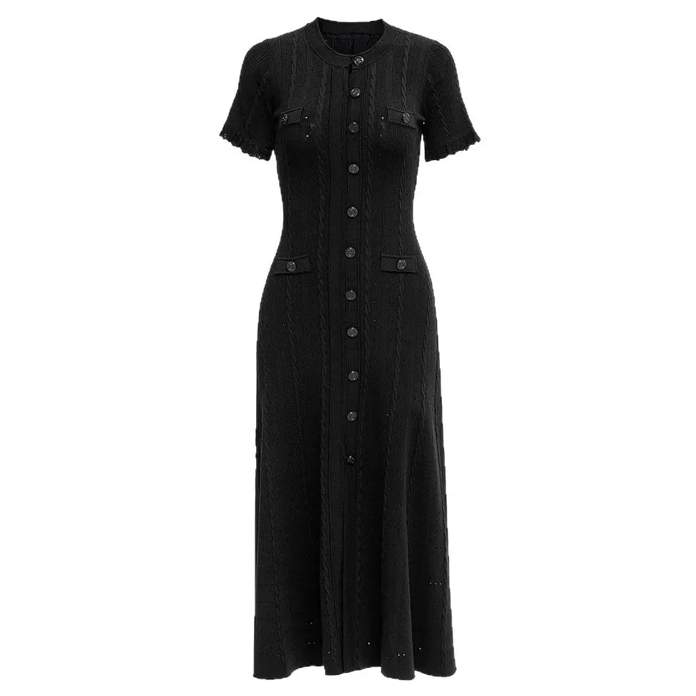 Elegant Knitted Dress round Neck Short Sleeve Hollow out Long Dress Ribbed Single Button Knitted Dress Fashionable Commute Style