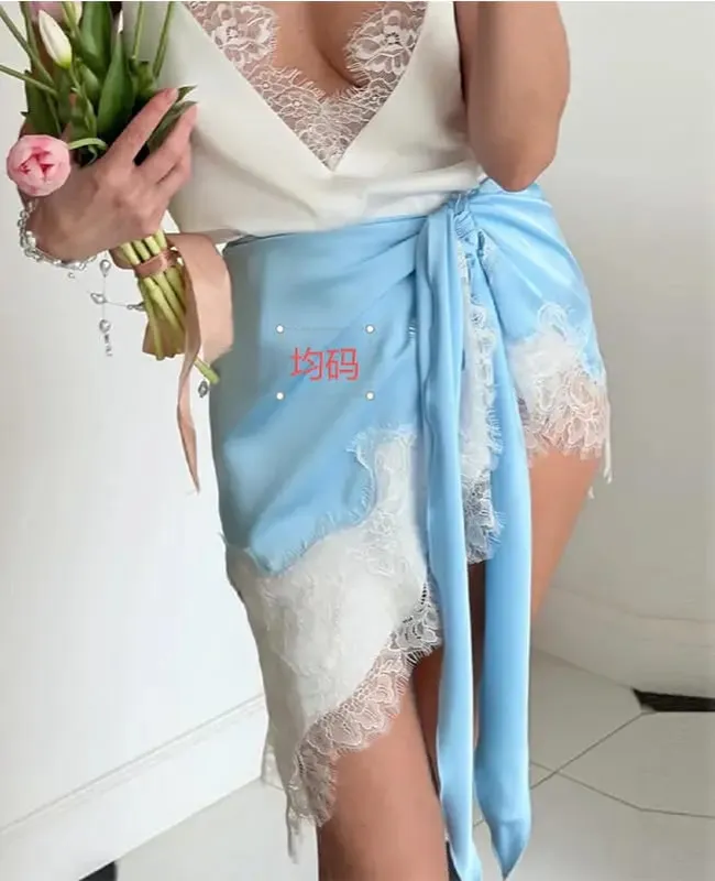 Satin Lace Patchwork Dress Women Long Sleeve O-neck Casual 2026 Spring Female Dresses Casual Solid Beach Robe Not Contain Pearls