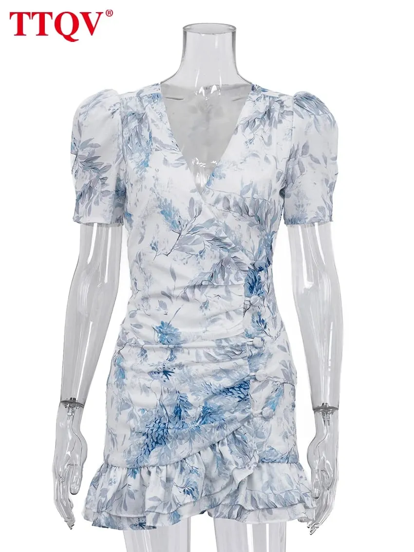 Sexy Slim Print Women's Dress 2026 Summer V-Neck Short Sleeve Mini Dresses Elegant Classic Ruffles Female Dress Streetwear