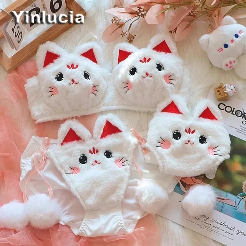Cute Cartoon Furry Cat Ears Lingerie Bras Underpants Underwear 2 Pcs Sets Sweet Warm Winter Plush Underwear Set Christmas