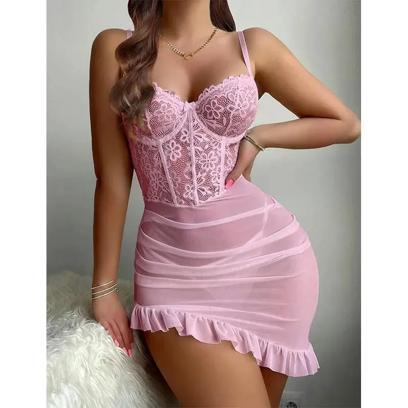 Summer Women Sexy Sheer Mesh Babydoll Lingerie Lace Slip Dress Ruffle Spaghetti Strap Nightdress Nightwear
