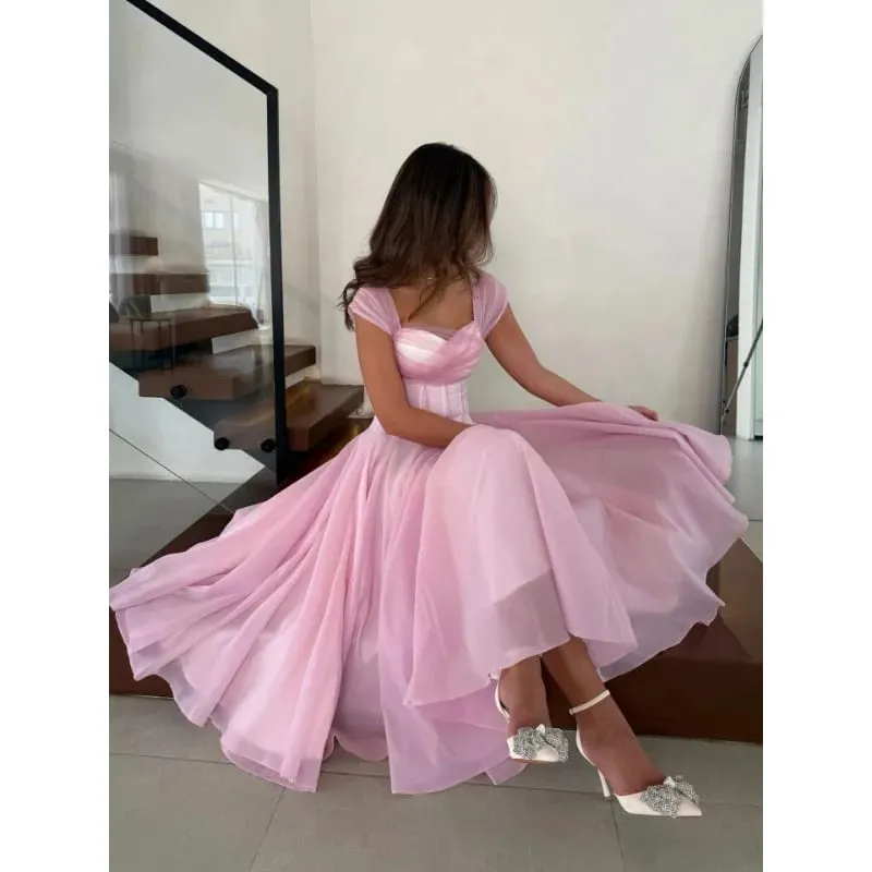 Women's Elegant Tulle Formal Dress Summer Sexy Square Neck Corset Waist A-Line Tea-Length Gown for Wedding Cocktail Party