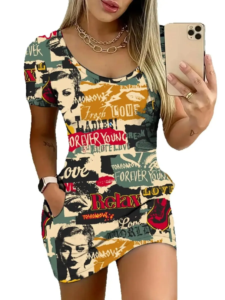 Women's Casual Elegant Comfortable round Neck Short Sleeve Skirt Dress Mini with Letter Figure Pattern Print