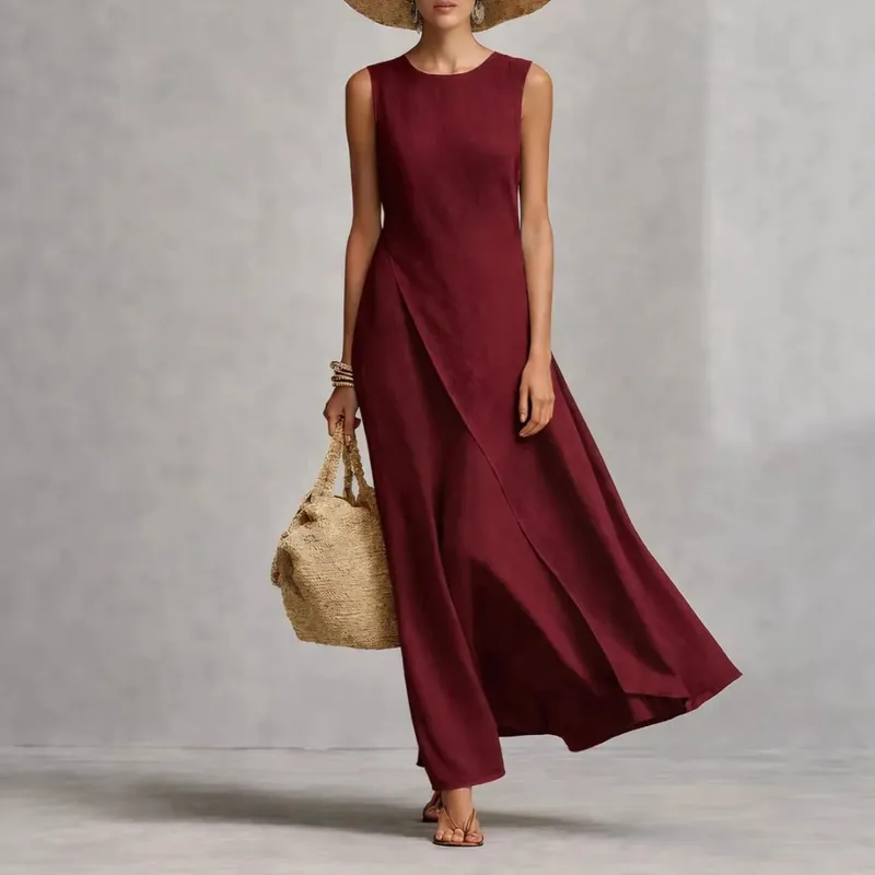 Womens New O Neck Loose Maxi Dress Casual Asymmetrical Hem Long Dresses Elegant Sleeveless Summer Beach Vacation Sundress Female