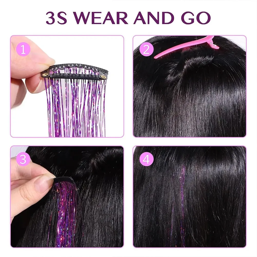 Clip in Hair Tinsel 12Pcs Purple Glitter Hair Extensions Synthetic Shiny Metallic Hair Strands Fairy Hair Tinsel Clip On Hair