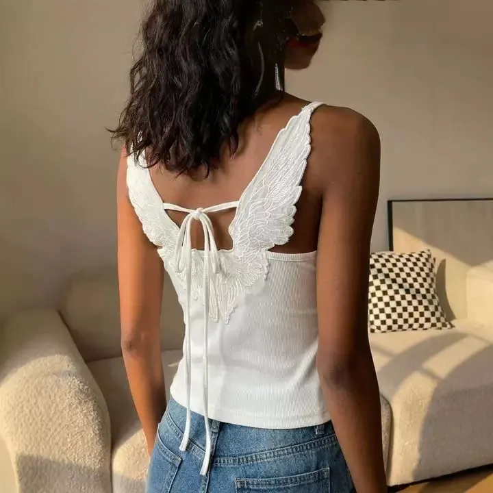 White Angle Wings Embroidered Camis Y2K Sexy Sleeveless Backless Bow-Tie Straps Slim Vest Woman Summer Tank Top