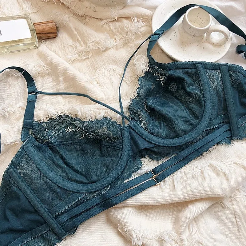 2 Pieces Sexy Hollow Push Up Bra Set French Lace Embroidery Underwear para sa mga Babae Summer Ultra Manipis Breathable Intimates Lingerie